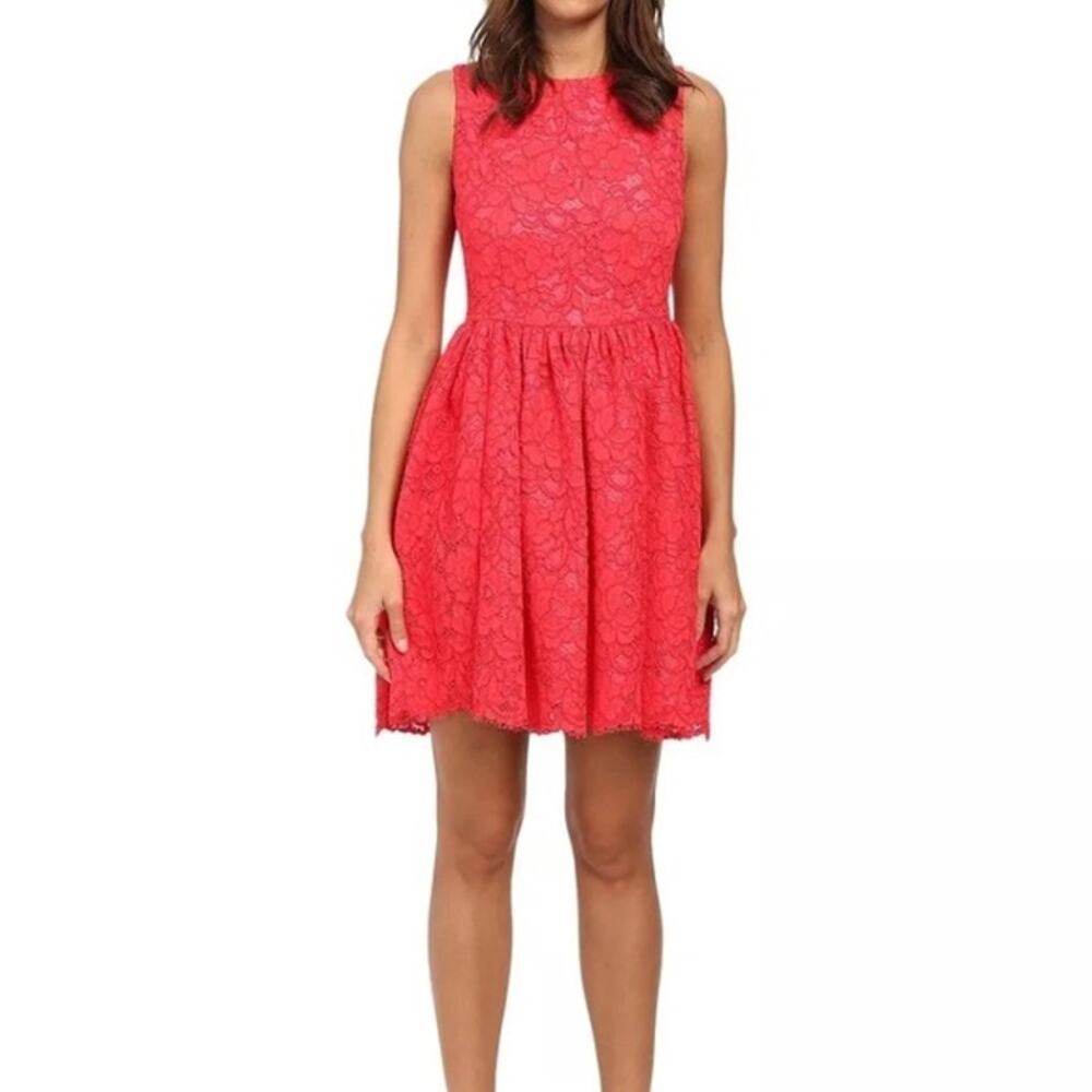 Kate Spade Geranium Coral Floral Lace Sleeveless Hi-Lo Raw Hem Side Dress Size 4